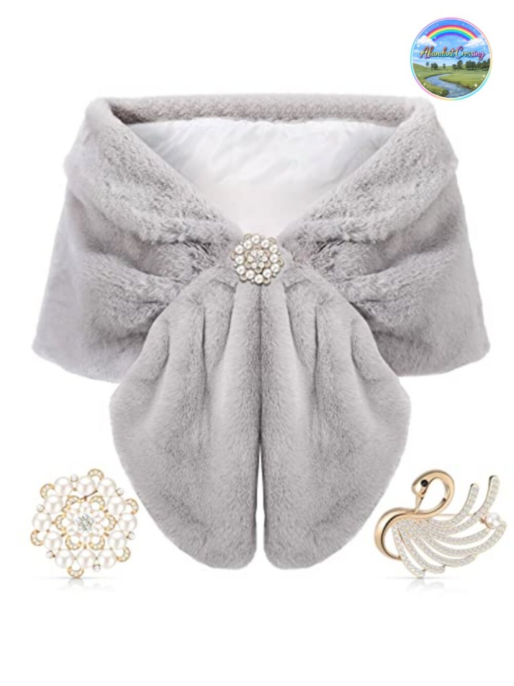 Faux Fur Shawl Wrap Stole Shrug with 2 Pearl Rhinestone Brooches 1920s Vintage